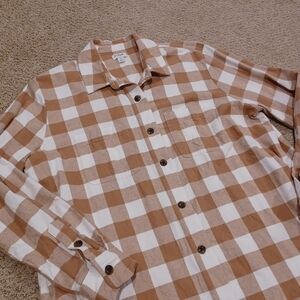 J. Crew Tan and White Buffalo Check Button-Down Shirt Womens Size M